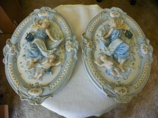 Vtg Set Of (2) Bisque Woman And Child 3d Wall Hanging Plaques