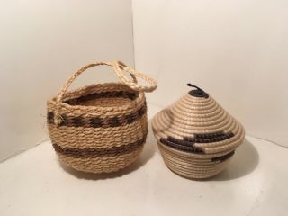 2 Vintage Miniature Hand Made Wicker Baskets India 12