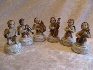 6 Vintage Porcelain Cherub/angel Band Playing Musical Instruments - Japan