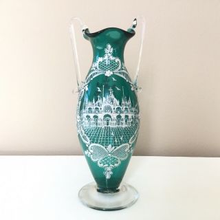Vintage Dark Green And White Painted Glass Vase With Handles
