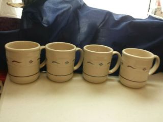 4 Longaberger Woven Traditions Coffee Mugs Cups 2 Red & 2 Blue On Cream / Ivory