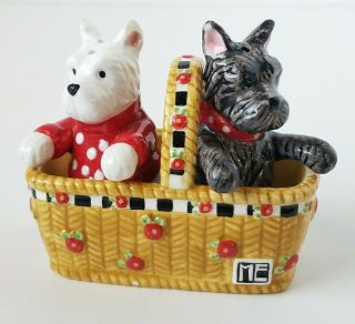 Mary Engelbreit Scottie Dogs In Basket Salt And Pepper Shakers Set