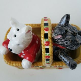 Mary Engelbreit Scottie Dogs in Basket Salt and Pepper Shakers Set 3