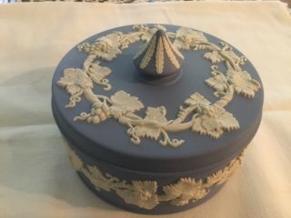 Wedgewood Jasperware Covered Box Powder Jar Candy Dish Blue & White