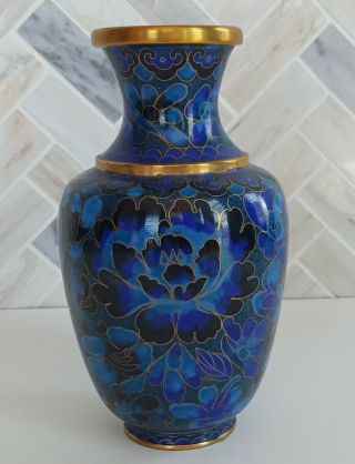 Colorful Blue Vintage Cloisonne Vase,  Enamel Over Brass 6 " Tall