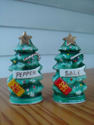 Vintage Christmas Tree Salt And Pepper Shakers Metallic Star