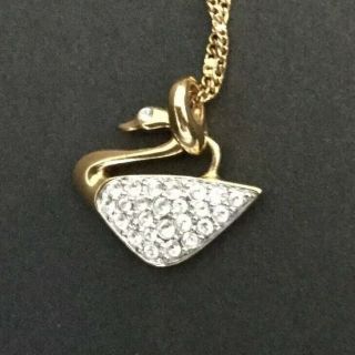 Swarovski Swan Pendant Necklace Gold Plated Pave Crystals 16” Chain Signed