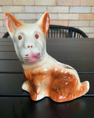 Vintage Ceramic Terrier Dog Puppy White Brown Planter