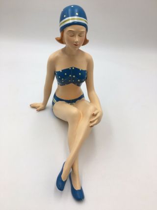 Seated Bathing Beauty Figurine In Blue 2 - Piece Suit Shelf Sitter