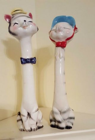 Vintage Salt & Pepper Shakers Anthropomorphic Cat Couple 8 1/2 " Tall Hats 1950 