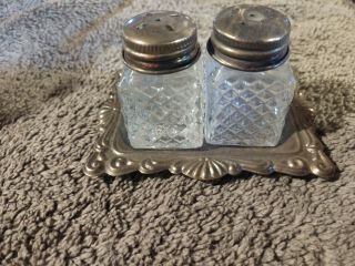 Vintage Miniature Diamond Cut Salt And Pepper Shakers With Tray