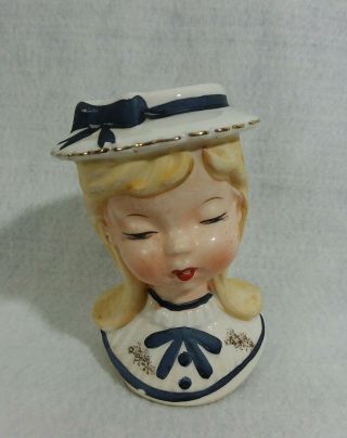 Vintage Young Lady Girl Belle Blonde Head Vase Planter - Japan Blue Bow Hat 4 "
