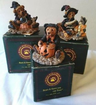 Set Of 3 Boyds Bears Halloween Witch Cat Wizard Bearstone Collectible Figurines