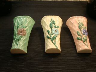 Vintage Art Pottery Wall Pocket Vases Set Of 3 Pink,  Green & White