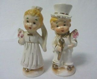 Vintage Japan Gold Trimmed Bride & Groom Ceramic Salt & Pepper Shakers