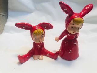 Vintage Boy & Girl In Red Bunny Outfit Salt & Pepper Shaker