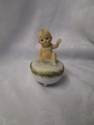 Vintage Lefton Hand Painted Bisque Porcelain Kewpie Trinket Box.  2 Piece.  4 "