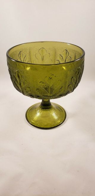 Vintage 1978 Ftd Green Glass Flower Footed Pedestal Bowl Candy Dish Planter Vase