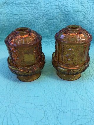 Set Of 2 Vintage Amber/golden Cut Glass Pedestal Hurricane 2pc Candle Holders