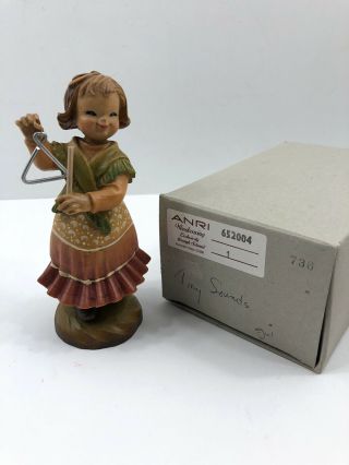 Anri Italy Figurine Tiny Sounds Wood Carved 6 " 652004 Girl Music Triangle Box