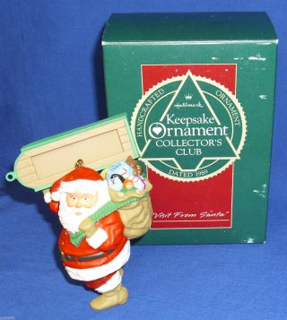 Hallmark Club Ornament Visit From Santa 1989 Santa Claus Bag Of Toys & Sled