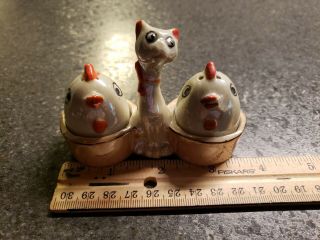 Vtg.  Lusterware Salt Pepper Shaker Set Cat Baby Chicks Eggs Caddy Japan 1950s