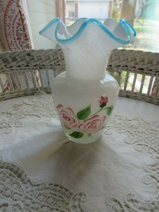 Vintage Ruffle Glass Vase Hand Painted Shabby Roses Spring Flowers Swirl