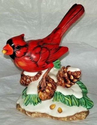 Porcelain Cardinal Bird Figurine Hand Painted Winter Pine Cone Perch