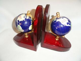 Pair Semi - Precious Stones Gemstone & Brass World Globe Book Ends Bookends