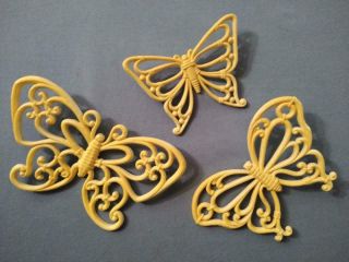 Home Interior Vintage Yellow Wicker Butterfly Wall Plaques - Set Of 3