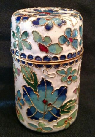 Gorgeous Brass/metal Enamel Cloisonne Cylinder Trinket Box W/lid Flowers Leaves