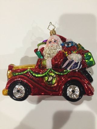 Christopher Radko Santa Car Sleigh Ornament Handblown Glass Glitter Christmas