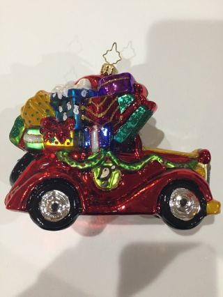 Christopher Radko Santa Car Sleigh Ornament Handblown Glass Glitter Christmas 2