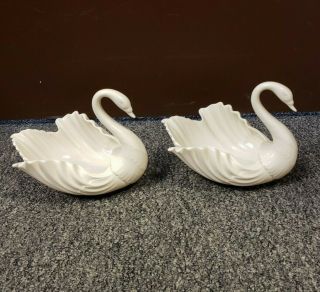 Vintage Lenox Set Of 2 Porcelain Swan Centerpiece Bowl Figurines 9 " Long Usa