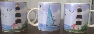 Set Of 3 Mugs Cups Thomson Pottery Lighthouse Design Beach Ocean Sailboat