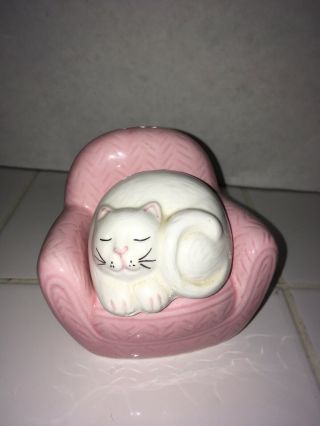 Vintage White Cat Napping In Pink Chair Salt & Pepper Shaker Taiwan
