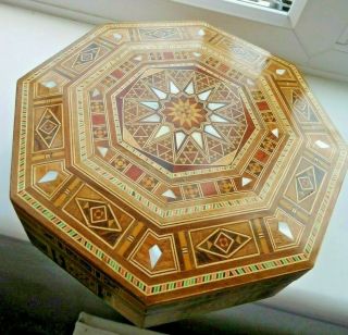 Inlaid Wood Box Hexagon Shape Mother Of Pearl Good Size 8 Inch Across