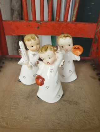 Set Of 3 Vintage Ceramic Baseball Playing Angel Figurines Japan