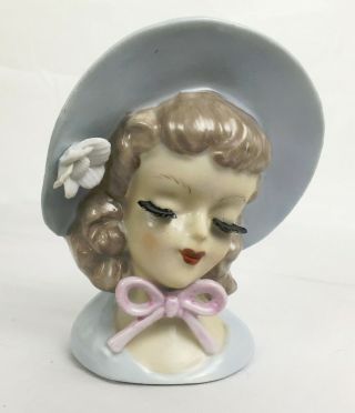 Vintage 30s 40s Lady Head Vase Closed Eyes Eyelashes Bonnet Bow Cute