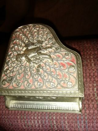 Vintage Silver Tone Filigree Piano with Cherub,  Jewelry Music Box Made in Japan 4