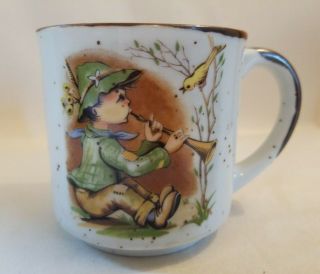 Vintage Japan Coffee Mug Cup Little Boy Playing Horn With Bird