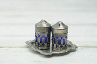 Vintage Cut Out Silver - Plate And Cobalt Blue Glass Salt And Pepper Shaker Set Wi