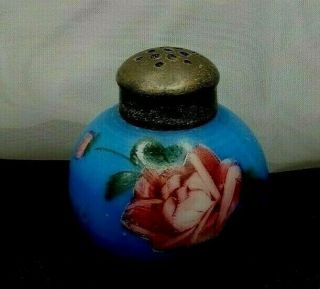 Vintage Milk Glass Hand Painted In Blue With A Pink Rose Salt Shaker