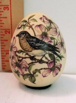 Porcelain Egg,  Hand Painted Flowers And A Bird - 2.  25 " Tall,