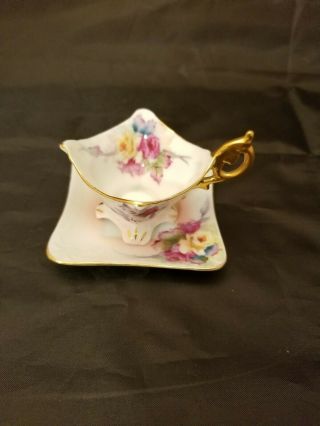 Occupied Japan Tea Cup And Saucer Painted Roses Square Demitasse Tea Cup