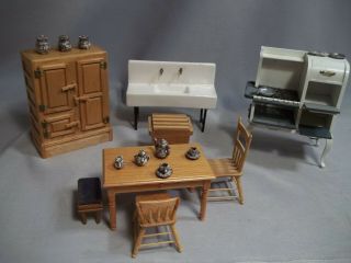 Doll House Kitchen Table& Chairs,  Stove,  Sink,  Icebox,  Butcher Block