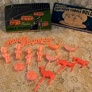 Vintage Birthday Cake Decorations Circus Animals Little Girl Pink Birds Toppers