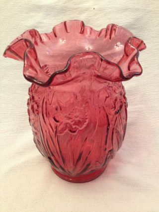 Vintage Fenton Ruffled Cranberry Glass Vase 8 " Tall Ruffled Red Glass
