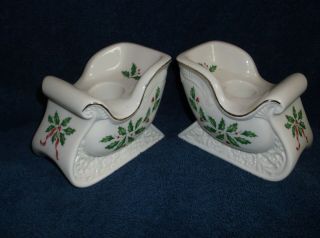 Lenox 2 Pc White W/ Gold Trim & Holly Sleigh Tapered Christmas Candle Holder Set