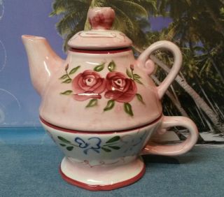 Porcelain Tea For One Barnes & Noble Teapot Pink With Hand Painted Roses